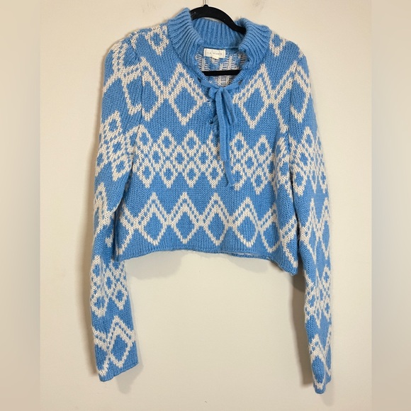 La Hearts Sweaters - LA Hearts Womens Sweater Size Medium Blue and White Knit Diamond Lace Up Crop